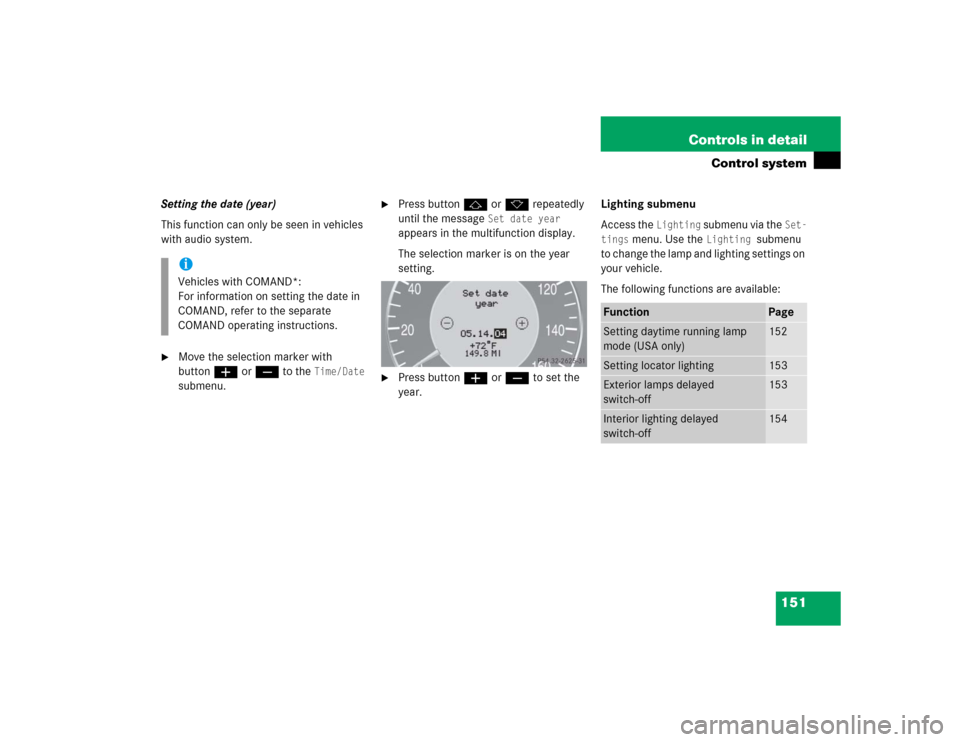 MERCEDES-BENZ CLK320 CABRIOLET 2005 A209 Owners Manual 151 Controls in detail
Control system
Setting the date (year)
This function can only be seen in vehicles 
with audio system.
Move the selection marker with 
buttonæ orç to the 
Time/Date
 
submenu.