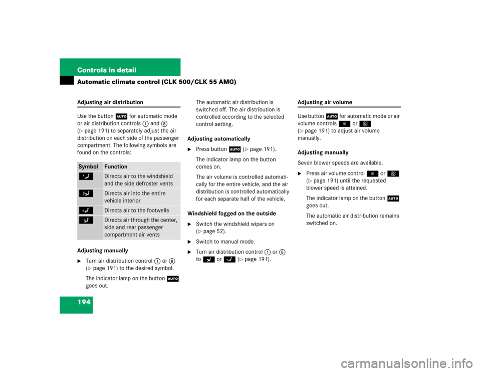 MERCEDES-BENZ CLK320 CABRIOLET 2005 A209 Owners Manual 194 Controls in detailAutomatic climate control (CLK 500/CLK 55 AMG)Adjusting air distribution
Use the buttonU for automatic mode 
or air distribution controls1 and8 
(page 191) to separately adjust 