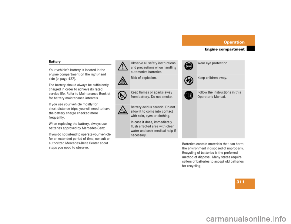 MERCEDES-BENZ CLK55AMG CABRIOLET 2005 A209 Owners Manual 311 Operation
Engine compartment
Battery
Your vehicle’s battery is located in the 
engine compartment on the right-hand 
side (
page 427).
The battery should always be sufficiently 
charged in orde