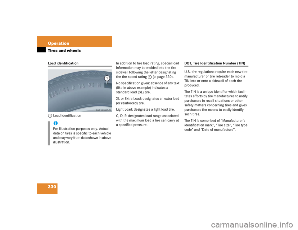 MERCEDES-BENZ CLK55AMG CABRIOLET 2005 A209 Owners Manual 330 OperationTires and wheelsLoad identification
1Load identificationIn addition to tire load rating, special load 
information may be molded into the tire 
sidewall following the letter designating 
