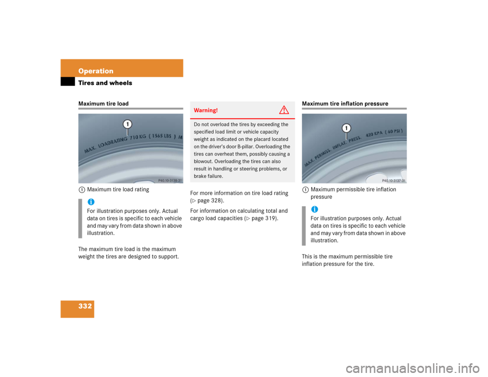 MERCEDES-BENZ CLK500 CABRIOLET 2005 A209 Owners Manual 332 OperationTires and wheelsMaximum tire load
1Maximum tire load rating
The maximum tire load is the maximum 
weight the tires are designed to support.For more information on tire load rating 
(
pag