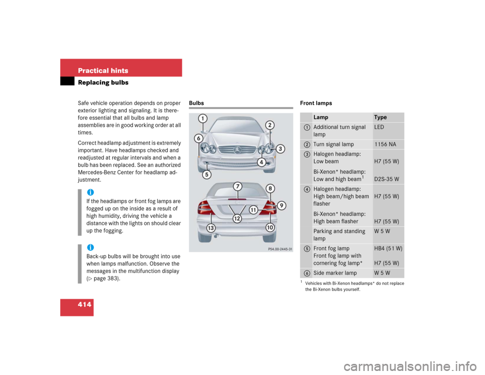 MERCEDES-BENZ CLK320 CABRIOLET 2005 A209 Owners Manual 414 Practical hintsReplacing bulbsSafe vehicle operation depends on proper 
exterior lighting and signaling. It is there-
fore essential that all bulbs and lamp 
assemblies are in good working order a