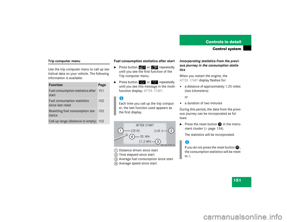 MERCEDES-BENZ CL600 2005 C215 Owners Manual 151 Controls in detail
Control system
Trip computer menu
Use the trip computer menu to call up sta-
tistical data on your vehicle. The following 
information is available:Fuel consumption statistics a