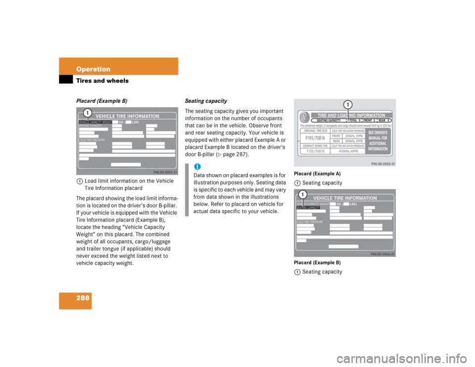 MERCEDES-BENZ CL500 2005 C215 Owners Manual 288 OperationTires and wheelsPlacard (Example B)
1Load limit information on the Vehicle 
Tire Information placard
The placard showing the load limit informa-
tion is located on the driver’s door B-p