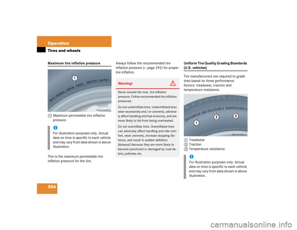 MERCEDES-BENZ CL600 2005 C215 Owners Manual 306 OperationTires and wheelsMaximum tire inflation pressure
1Maximum permissible tire inflation 
pressure 
This is the maximum permissible tire 
inflation pressure for the tire.Always follow the reco