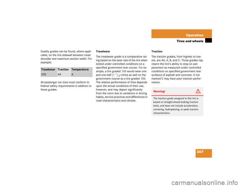 MERCEDES-BENZ CL600 2005 C215 Owners Manual 307 Operation
Tires and wheels
Quality grades can be found, where appli-
cable, on the tire sidewall between tread 
shoulder and maximum section width. For 
example:
All passenger car tires must confo