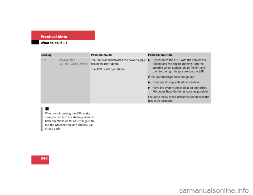 MERCEDES-BENZ CL600 2005 C215 Owners Manual 340 Practical hintsWhat to do if …?Display 
Possible cause
Possible solution
ESP UNAVAILABLE
SEE OPERATORS MANUAL
The ESP was deactivated the power supply 
has been interrupted. 
The ABS is still op