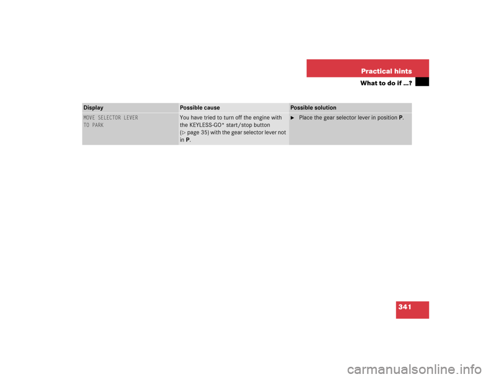 MERCEDES-BENZ CL600 2005 C215 Owners Manual 341 Practical hints
What to do if …?
Display 
Possible cause
Possible solution
MOVE SELECTOR LEVER 
TO PARK
You have tried to turn off the engine with 
the KEYLESS-GO* start/stop button 
(page 35) 