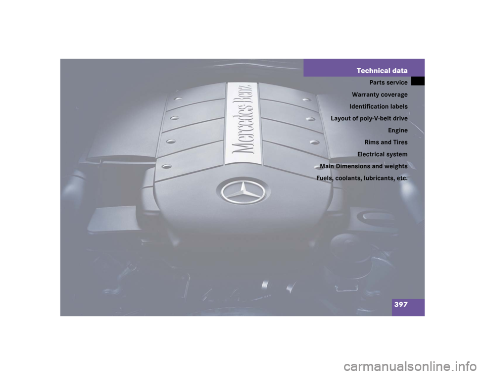 MERCEDES-BENZ CL600 2005 C215 Owners Manual 397 Technical data
Parts service
Warranty coverage
Identification labels
Layout of poly-V-belt drive
Engine
Rims and Tires
Electrical system
Main Dimensions and weights
Fuels, coolants, lubricants, et