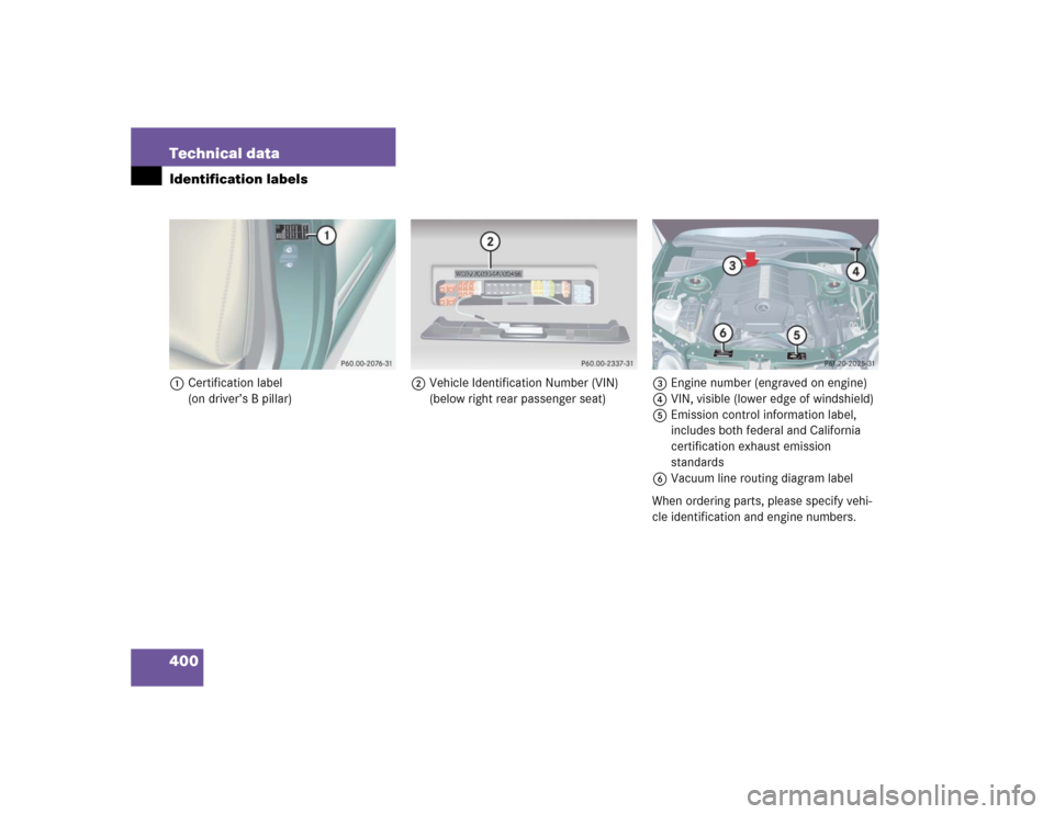 MERCEDES-BENZ CL600 2005 C215 Owners Manual 400 Technical dataIdentification labels1Certification label 
(on driver’s B pillar)2Vehicle Identification Number (VIN) 
(below right rear passenger seat)3Engine number (engraved on engine)
4VIN, vi