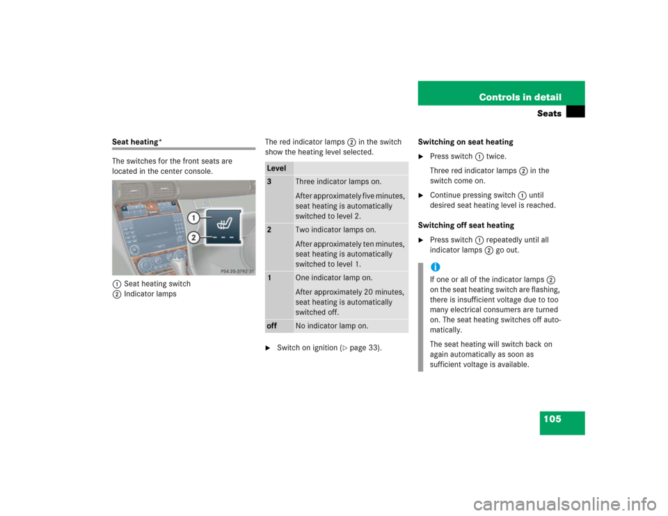 MERCEDES-BENZ C240 2005 W203 Service Manual 105 Controls in detailSeats
Seat heating*
The switches for the front seats are 
located in the center console.
1Seat heating switch
2Indicator lampsThe red indicator lamps2 in the switch 
show the hea