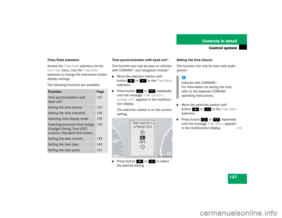 MERCEDES-BENZ C240 2005 W203 Owners Manual 137 Controls in detail
Control system
Time/Date submenu
Access the 
Time/Date
 submenu via the 
Settings
 menu. Use the 
Time/Date
 
submenu to change the instrument cluster 
display settings.
The fol