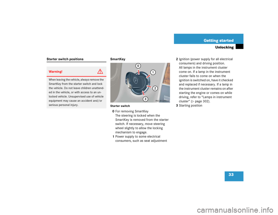 MERCEDES-BENZ C55AMG 2005 W203 Owners Manual 33 Getting started
Unlocking
Starter switch positions SmartKey
Starter switch0For removing SmartKey
The steering is locked when the 
SmartKey is removed from the starter 
switch. If necessary, move st
