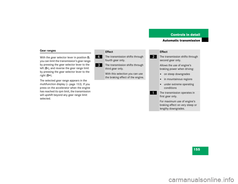 MERCEDES-BENZ C WAGON 2005 S203 Owners Manual 155 Controls in detail
Automatic transmission
Gear ranges
With the gear selector lever in positionD, 
you can limit the transmission’s gear range 
by pressing the gear selector lever to the 
left (D
