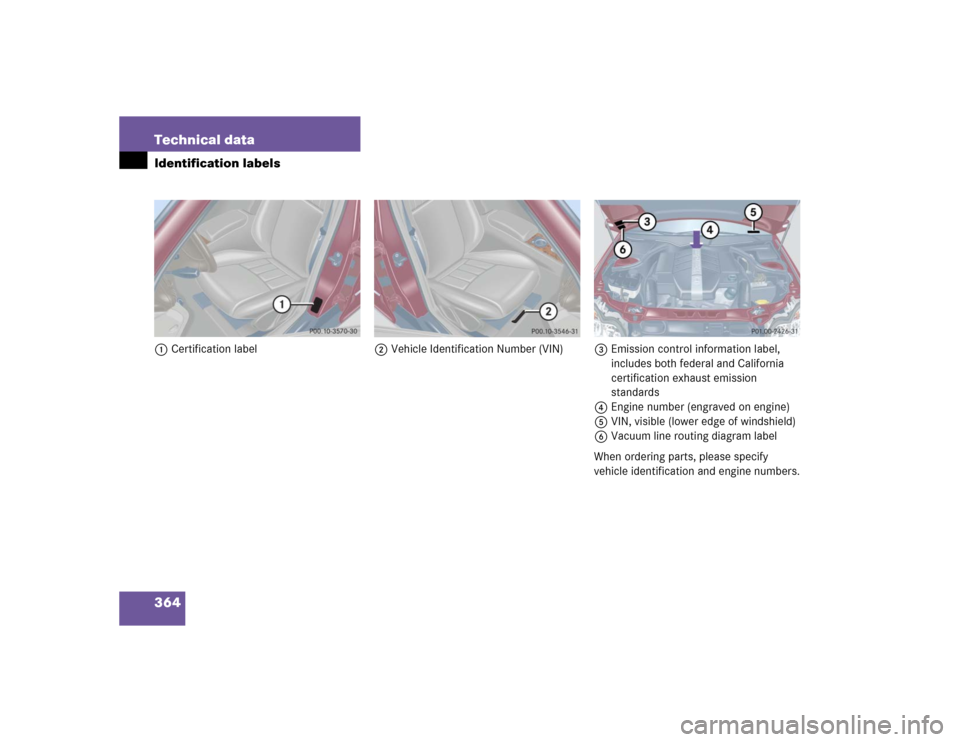 MERCEDES-BENZ C WAGON 2005 S203 Owners Manual 364 Technical dataIdentification labels1Certification label2Vehicle Identification Number (VIN)3Emission control information label, 
includes both federal and California 
certification exhaust emissio