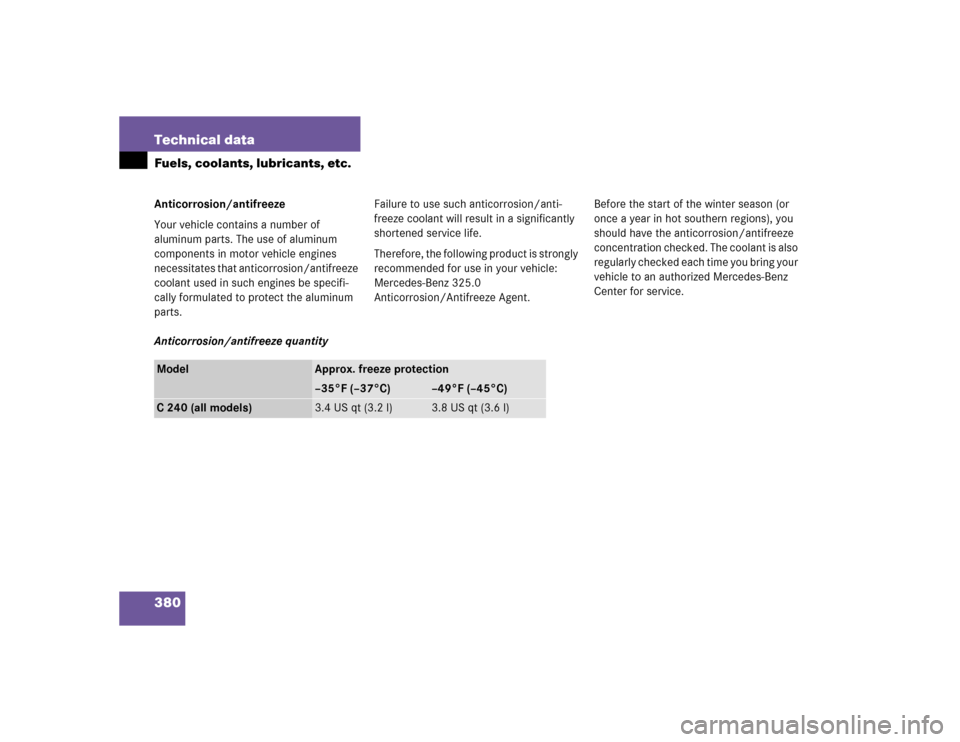 MERCEDES-BENZ C WAGON 2005 S203 User Guide 380 Technical dataFuels, coolants, lubricants, etc.Anticorrosion/antifreeze
Your vehicle contains a number of 
aluminum parts. The use of aluminum 
components in motor vehicle engines 
necessitates th