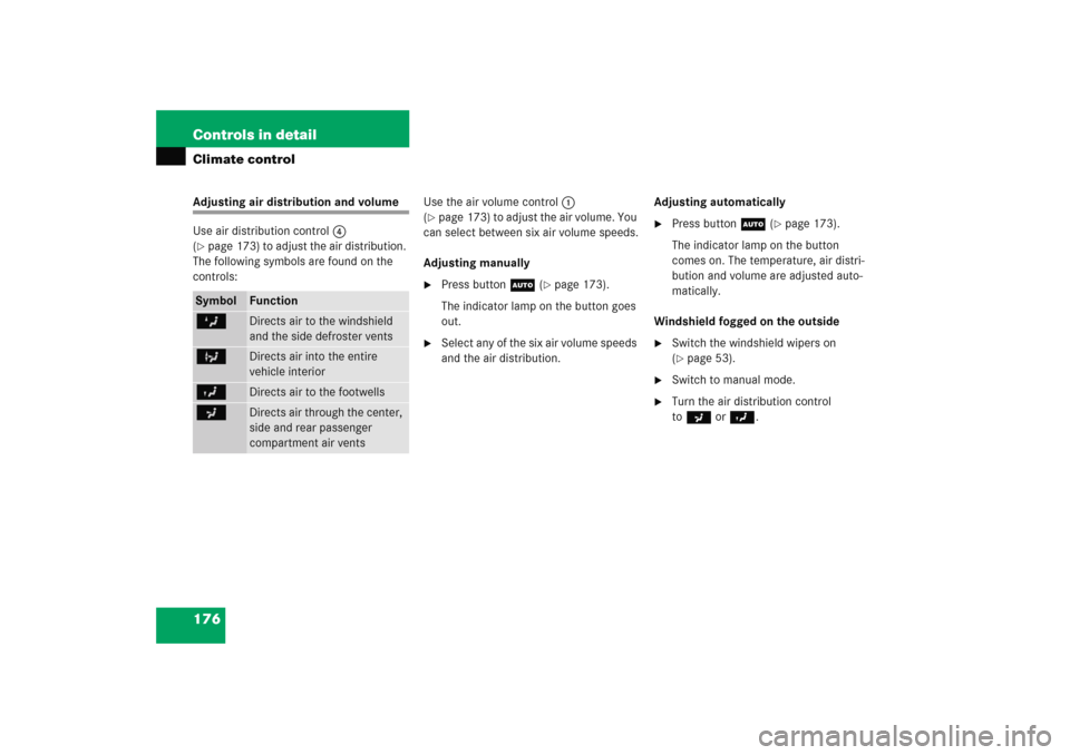 MERCEDES-BENZ C COUPE 2005 CL203 Owners Manual 176 Controls in detailClimate controlAdjusting air distribution and volume
Use air distribution control4 
(page 173) to adjust the air distribution. 
The following symbols are found on the 
controls: