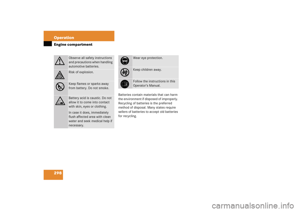 MERCEDES-BENZ C COUPE 2005 CL203 Owners Manual 298 OperationEngine compartment
Batteries contain materials that can harm 
the environment if disposed of improperly. 
Recycling of batteries is the preferred 
method of disposal. Many states require 