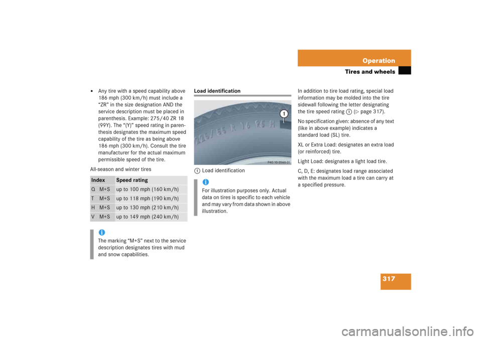 MERCEDES-BENZ C COUPE 2005 CL203 User Guide 317 Operation
Tires and wheels

Any tire with a speed capability above 
186 mph (300 km/h) must include a 
“ZR” in the size designation AND the 
service description must be placed in 
parenthesis