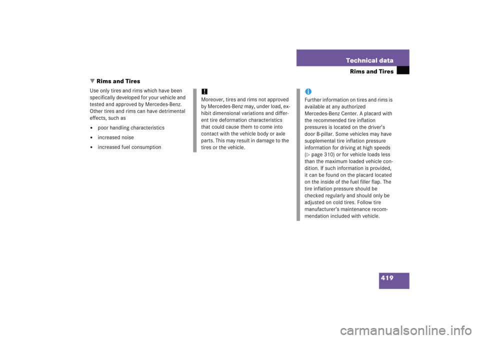 MERCEDES-BENZ C COUPE 2005 CL203 Owners Guide 419 Technical data
Rims and Tires
Rims and Tires
Use only tires and rims which have been 
specifically developed for your vehicle and 
tested and approved by Mercedes-Benz. 
Other tires and rims can 