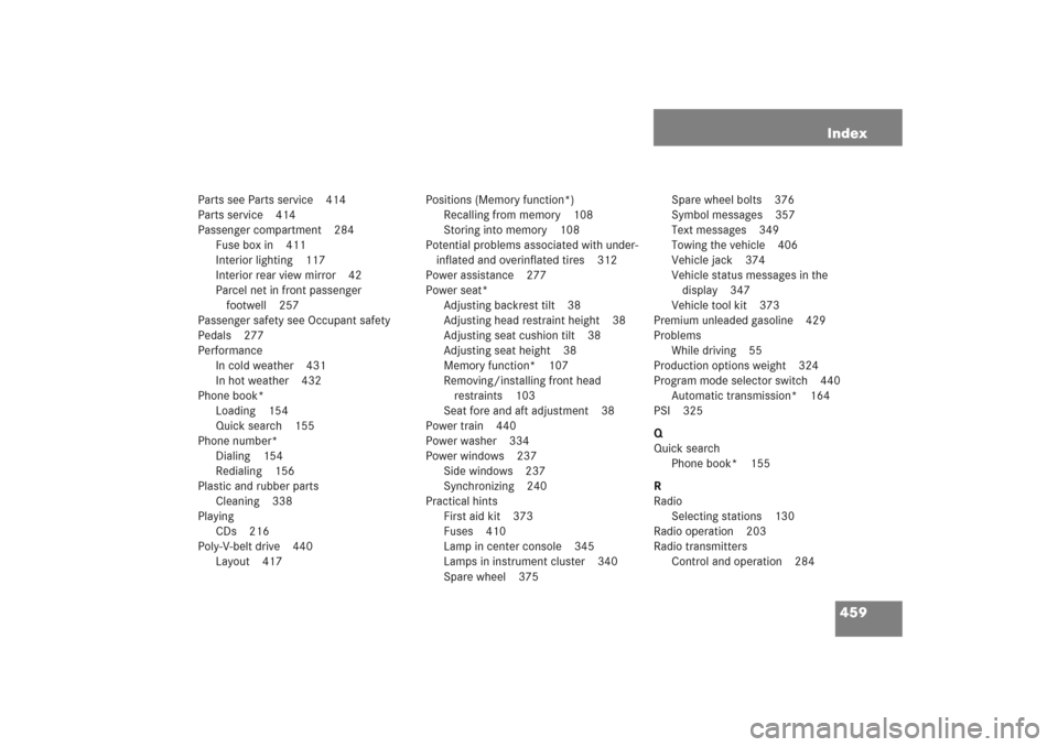 MERCEDES-BENZ C COUPE 2005 CL203 User Guide 459 Index
Parts see Parts service 414
Parts service 414
Passenger compartment 284
Fuse box in 411
Interior lighting 117
Interior rear view mirror 42
Parcel net in front passenger 
footwell 257
Passeng