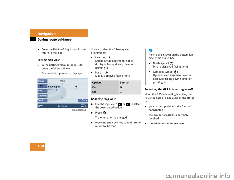 MERCEDES-BENZ CLK-Class 2005 W203 Comand Manual 130 NavigationDuring route guidance
Press the 
Back
 soft key to confirm and 
return to the map.
Setting map view

In the Settings menu (
page 128), 
press the 
View
 soft key.
The available option