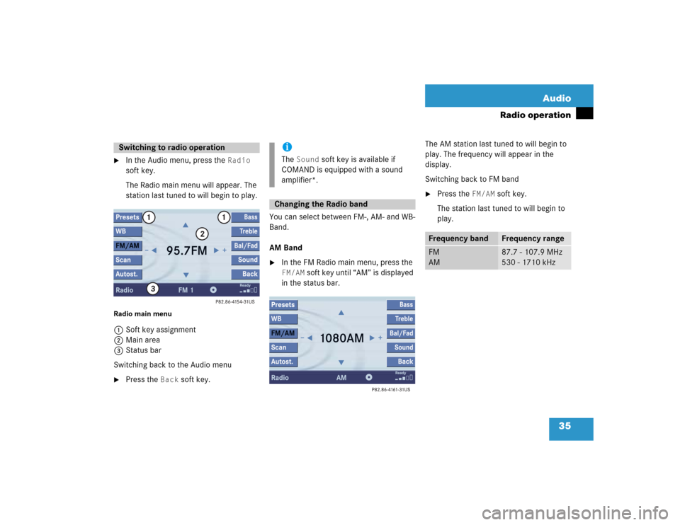 MERCEDES-BENZ C-Class 2005 W203 Comand Manual 35 Audio
Radio operation

In the Audio menu, press the 
Radio
 
soft key.
The Radio main menu will appear. The 
station last tuned to will begin to play.
Radio main menu1Soft key assignment
2Main are