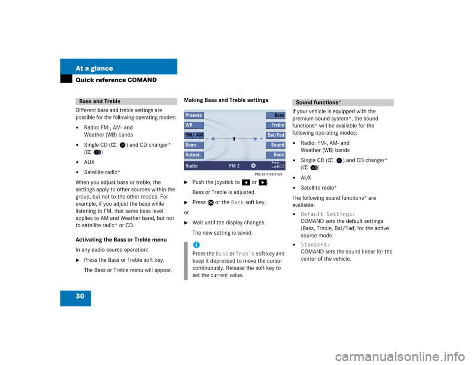 MERCEDES-BENZ C-Class 2005 W203 Comand Manual 30 At a glanceQuick reference COMANDDifferent bass and treble settings are 
possible for the following operating modes:
Radio: FM-, AM- and 
Weather (WB) bands

Single CD (
CD
) and CD changer* 
(
C