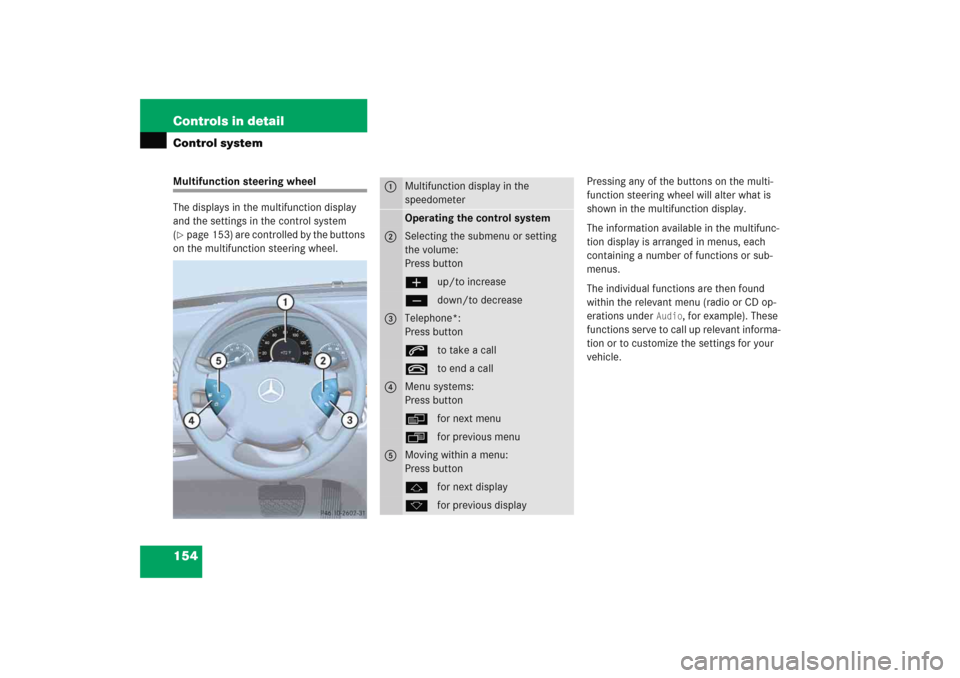 MERCEDES-BENZ E WAGON 2005 S211 Owners Manual 154 Controls in detailControl systemMultifunction steering wheel
The displays in the multifunction display 
and the settings in the control system 
(page 153) are controlled by the buttons 
on the mu