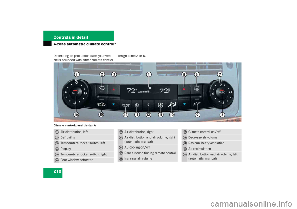 MERCEDES-BENZ E WAGON 2005 S211 Owners Manual 210 Controls in detail4-zone automatic climate control*Depending on production date, your vehi-
cle is equipped with either climate controldesign panel A or B.Climate control panel design A1
Air distr