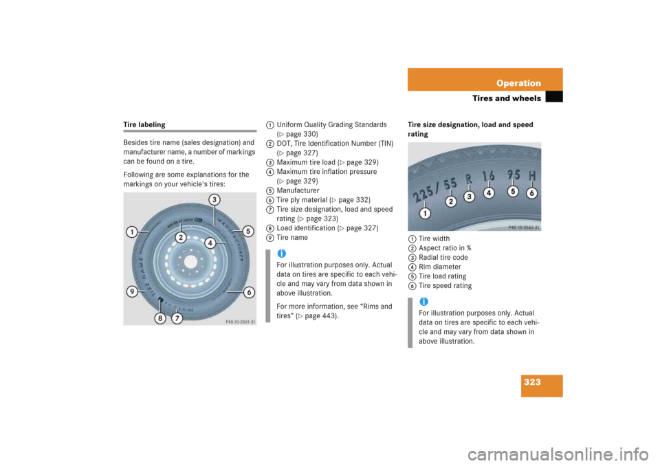 MERCEDES-BENZ E WAGON 2005 S211 Owners Manual 323 Operation
Tires and wheels
Tire labeling
Besides tire name (sales designation) and 
manufacturer name, a number of markings 
can be found on a tire.
Following are some explanations for the 
markin