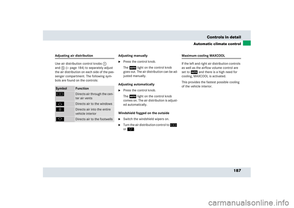 MERCEDES-BENZ SLR 2006 R199 Owners Manual 187 Controls in detail
Automatic climate control
Adjusting air distribution
Use air distribution control knobs1 
and5 (
page 184) to separately adjust 
the air distribution on each side of the pas-
s