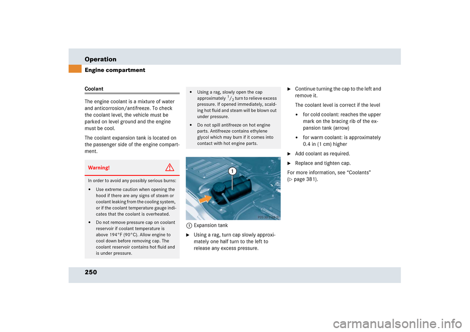 MERCEDES-BENZ SLR 2006 R199 Owners Manual 250 OperationEngine compartmentCoolant
The engine coolant is a mixture of water 
and anticorrosion/antifreeze. To check 
the coolant level, the vehicle must be 
parked on level ground and the engine 
