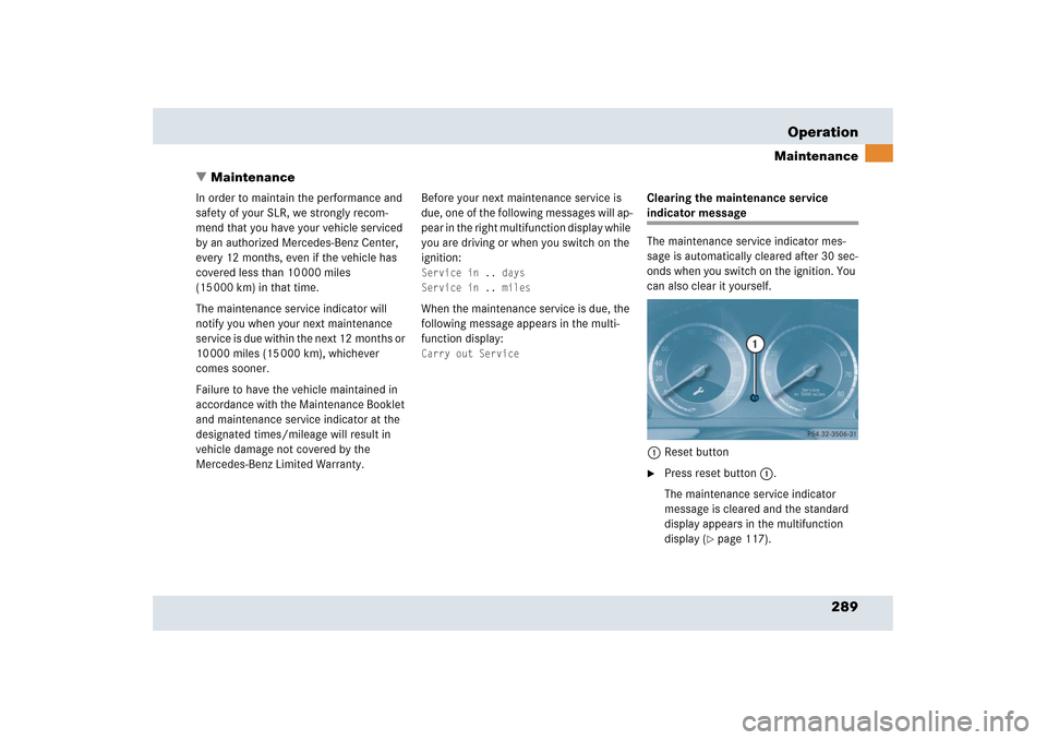 MERCEDES-BENZ SLR 2006 R199 Owners Manual 289 Operation
Maintenance
Maintenance
In order to maintain the performance and 
safety of your SLR, we strongly recom-
mend that you have your vehicle serviced 
by an authorized Mercedes-Benz Center,