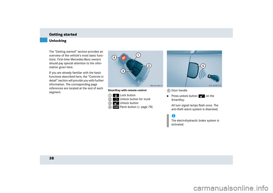 MERCEDES-BENZ SLR 2006 R199 Owners Manual 38 Getting startedThe “Getting started” section provides an 
overview of the vehicle’s most basic func-
tions. First-time Mercedes-Benz owners 
should pay special attention to the infor-
mation 