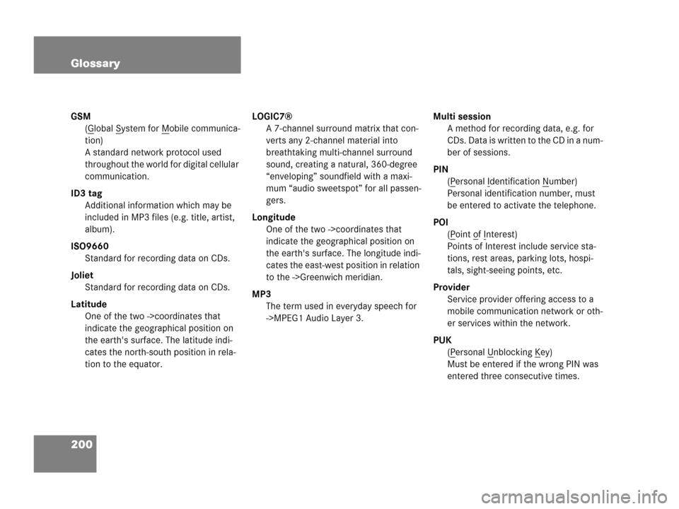 MERCEDES-BENZ SLK-Class 2006 R171 Comand Manual 200 Glossary
GSM
(G
lobal System for Mobile communica-
tion) 
A standard network protocol used 
throughout the world for digital cellular 
communication.
ID3 tag
Additional information which may be 
i