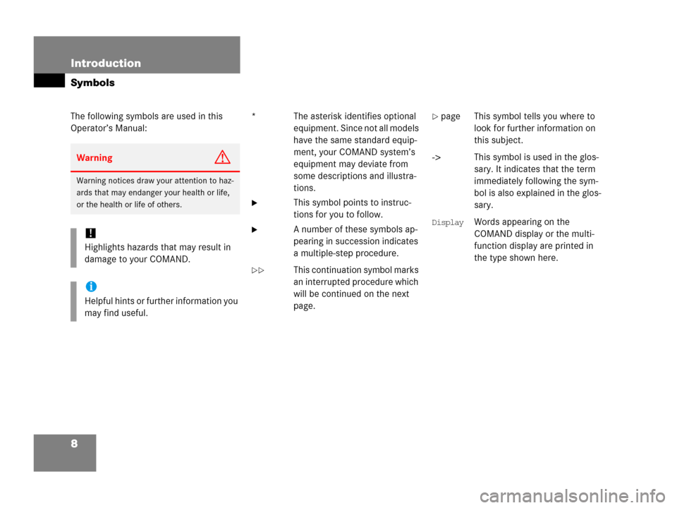 MERCEDES-BENZ SLK-Class 2006 R171 Comand Manual 8 Introduction
Symbols
The following symbols are used in this 
Operator’s Manual:* The asterisk identifies optional 
equipment. Since not all models 
have the same standard equip-
ment, your COMAND 