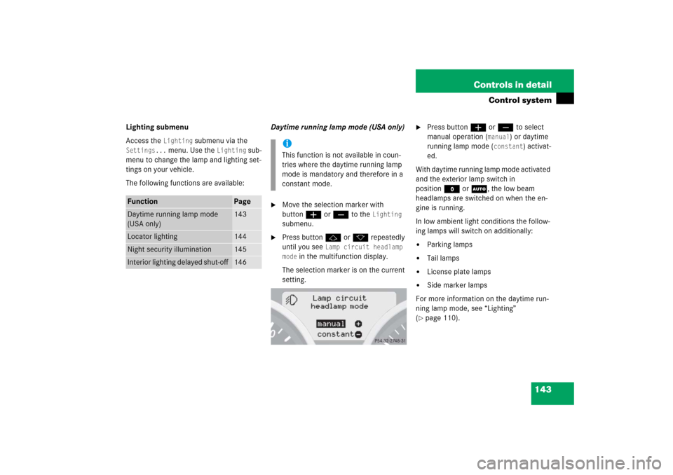 MERCEDES-BENZ SLK55AMG 2006 R171 Owners Manual 143 Controls in detail
Control system
Lighting submenu
Access the 
Lighting
 submenu via the 
Settings...
 menu. Use the 
Lighting
 sub-
menu to change the lamp and lighting set-
tings on your vehicle
