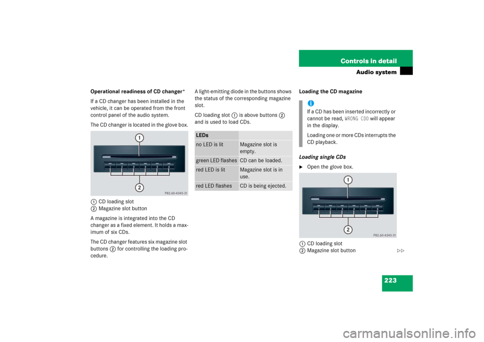 MERCEDES-BENZ SLK280 2006 R171 Owners Manual 223 Controls in detail
Audio system
Operational readiness of CD changer*
If a CD changer has been installed in the 
vehicle, it can be operated from the front 
control panel of the audio system.
The C