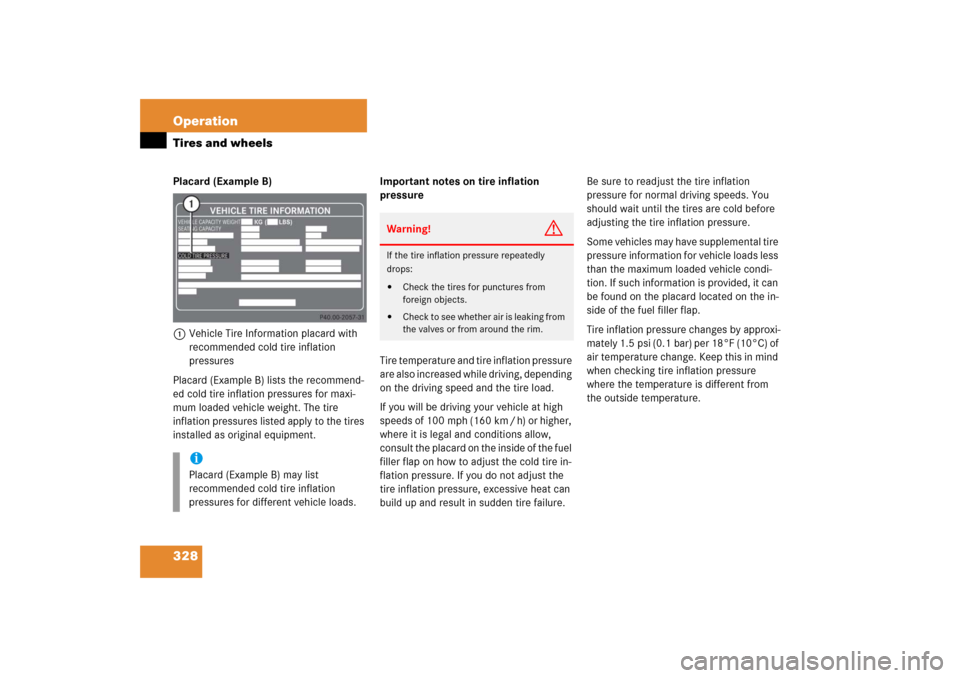 MERCEDES-BENZ SLK350 2006 R171 User Guide 328 OperationTires and wheelsPlacard (Example B)
1Vehicle Tire Information placard with 
recommended cold tire inflation 
pressures
Placard (Example B) lists the recommend-
ed cold tire inflation pres