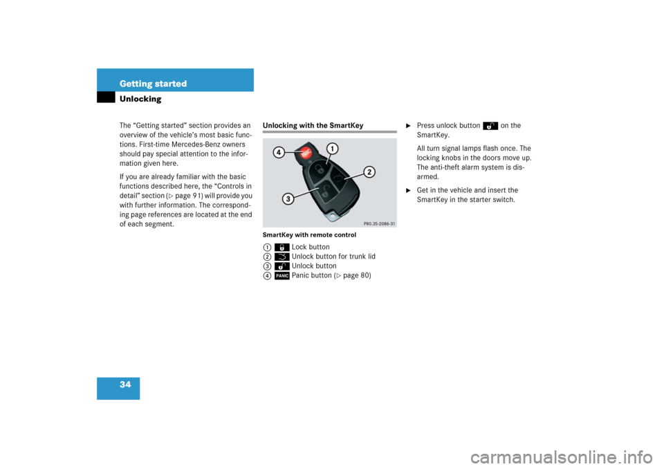 MERCEDES-BENZ SLK55AMG 2006 R171 Owners Guide 34 Getting startedThe “Getting started” section provides an 
overview of the vehicle’s most basic func-
tions. First-time Mercedes-Benz owners 
should pay special attention to the infor-
mation 