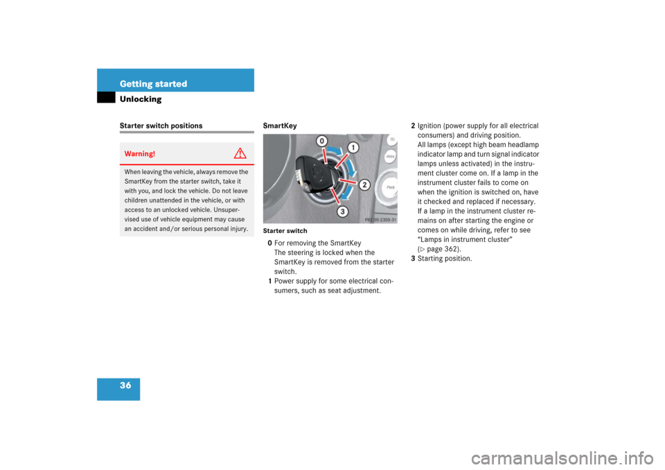 MERCEDES-BENZ SLK350 2006 R171 Owners Guide 36 Getting startedUnlockingStarter switch positions SmartKey
Starter switch0For removing the SmartKey
The steering is locked when the 
SmartKey is removed from the starter 
switch.
1Power supply for s