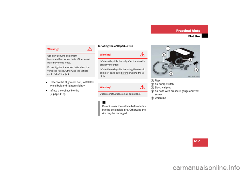 MERCEDES-BENZ SLK55AMG 2006 R171 Owners Manual 417 Practical hints
Flat tire

Unscrew the alignment bolt, install last 
wheel bolt and tighten slightly.

Inflate the collapsible tire 
(page 417).Inflating the collapsible tire
1Flap
2Air pump sw