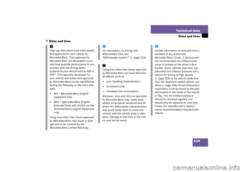 MERCEDES-BENZ SLK350 2006 R171 Owners Manual 439 Technical data
Rims and tires
Rims and tires
!
Only use tires which have been tested 
and approved for your vehicle by 
Mercedes-Benz. Tires approved by 
Mercedes-Benz are developed to pro-
vide 