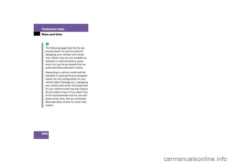 MERCEDES-BENZ SLK280 2006 R171 Owners Manual 440 Technical dataRims and tires
iThe following pages also list the ap-
proved wheel rim and tire sizes for 
equipping your vehicles with winter 
tires. Winter tires are not available as 
standard or 