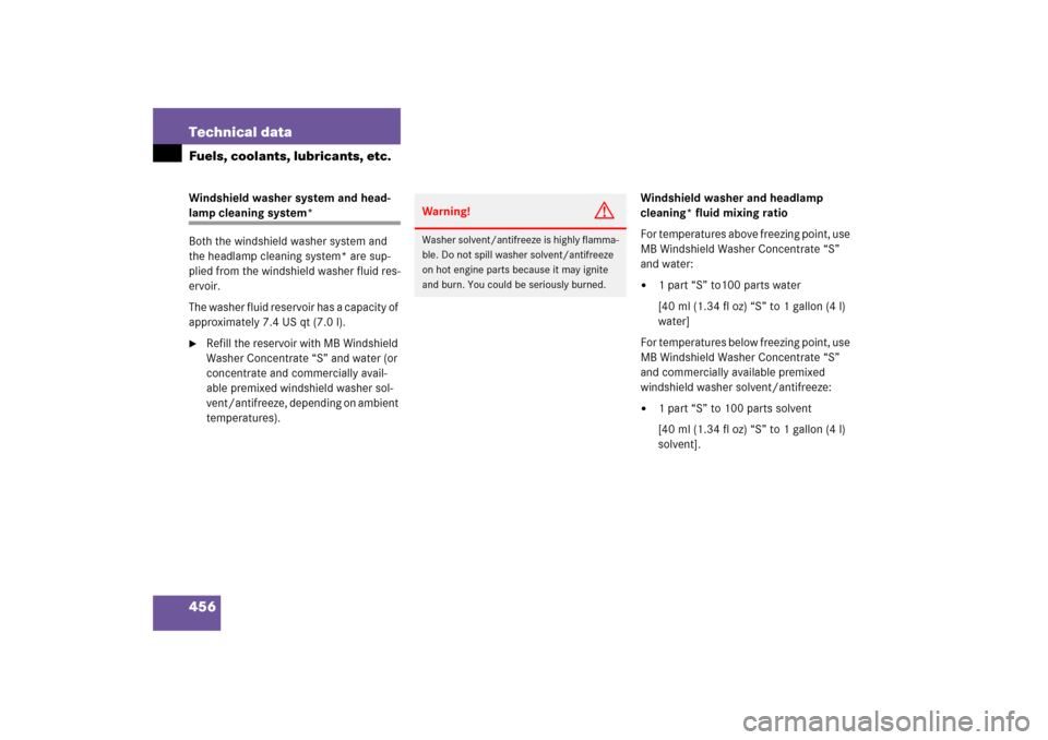MERCEDES-BENZ SLK280 2006 R171 Owners Guide 456 Technical dataFuels, coolants, lubricants, etc.Windshield washer system and head-lamp cleaning system*
Both the windshield washer system and 
the headlamp cleaning system* are sup-
plied from the 