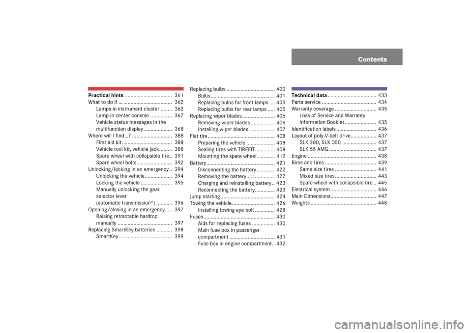 MERCEDES-BENZ SLK55AMG 2006 R171 Owners Manual Contents
Practical hints.................................  361
What to do if … ..................................  362
Lamps in instrument cluster ........  362
Lamp in center console...............