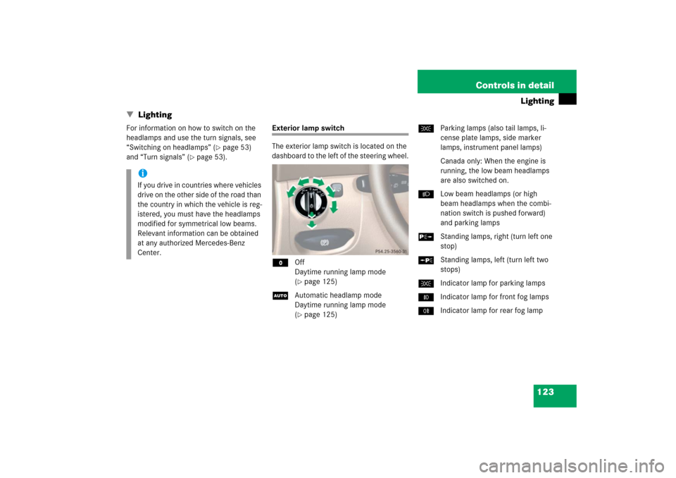 MERCEDES-BENZ SL500 2006 R230 Owners Manual 123 Controls in detail
Lighting
 Lighting
For information on how to switch on the 
headlamps and use the turn signals, see 
“Switching on headlamps” (
page 53) 
and “Turn signals” (
page 53