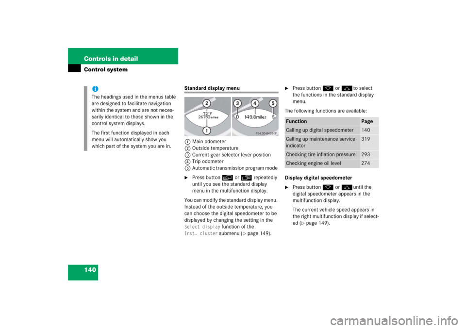 MERCEDES-BENZ SL500 2006 R230 Owners Manual 140 Controls in detailControl system
Standard display menu
1Main odometer
2Outside temperature
3Current gear selector lever position
4Trip odometer
5Automatic transmission program mode 
Press button 