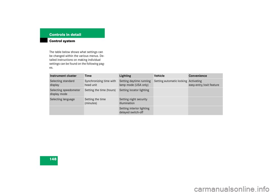 MERCEDES-BENZ SL500 2006 R230 Owners Manual 148 Controls in detailControl systemThe table below shows what settings can 
be changed within the various menus. De-
tailed instructions on making individual 
settings can be found on the following p